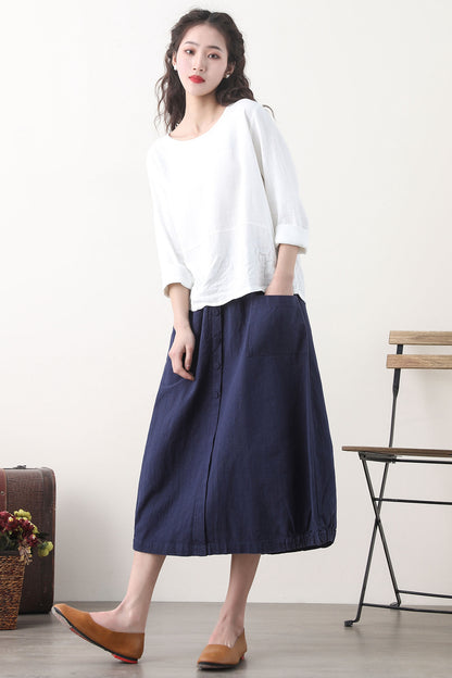 Navy Linen Bubble Skirt with Elastic Waist and Pockets 2579