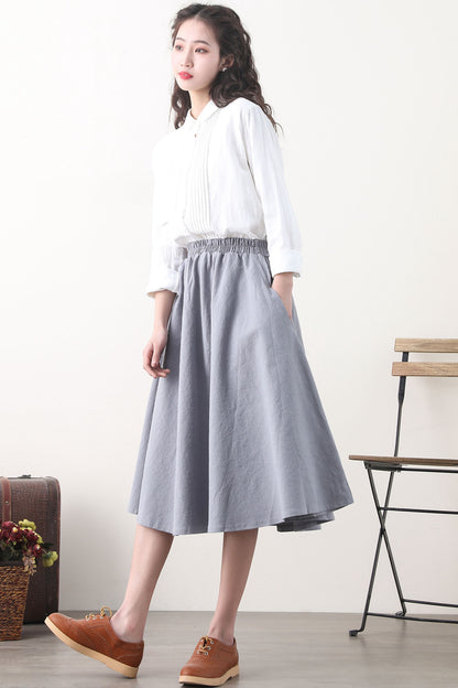 Grey Linen Blend A-Line Midi Skirt - Elastic Waist & Side Pockets 2580