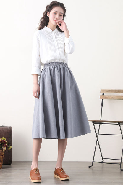 Grey Linen Blend A-Line Midi Skirt - Elastic Waist & Side Pockets 2580