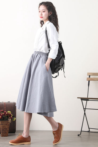 Grey Linen Blend A-Line Midi Skirt - Elastic Waist & Side Pockets 2580
