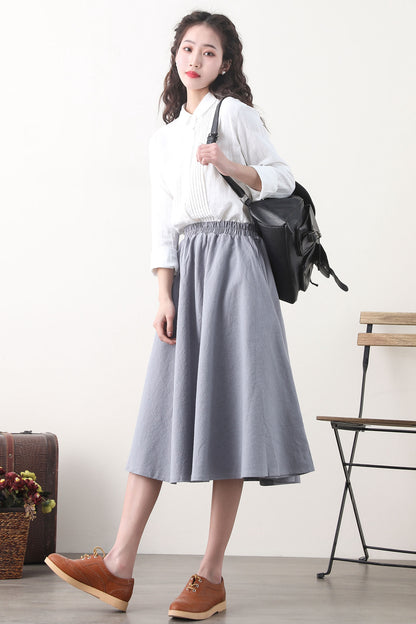 Grey Linen Blend A-Line Midi Skirt - Elastic Waist & Side Pockets 2580