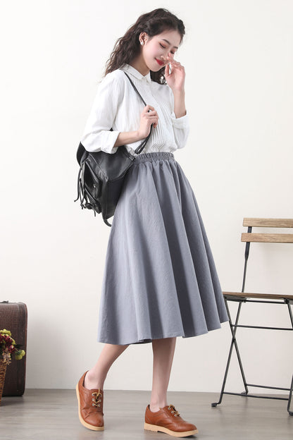 Grey Linen Blend A-Line Midi Skirt - Elastic Waist & Side Pockets 2580