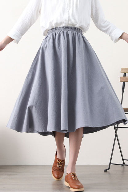 Grey Linen Blend A-Line Midi Skirt - Elastic Waist & Side Pockets 2580