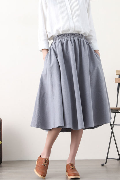 Grey Linen Blend A-Line Midi Skirt - Elastic Waist & Side Pockets 2580