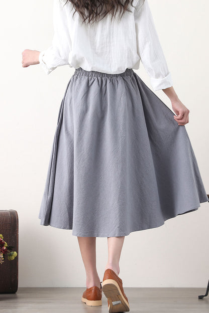 Grey Linen Blend A-Line Midi Skirt - Elastic Waist & Side Pockets 2580