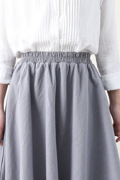 Grey Linen Blend A-Line Midi Skirt - Elastic Waist & Side Pockets 2580