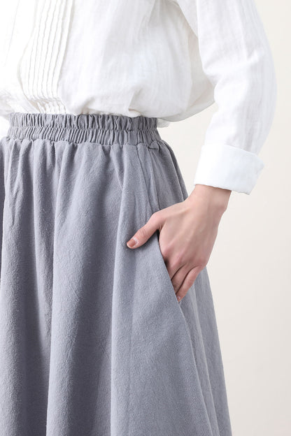 Grey Linen Blend A-Line Midi Skirt - Elastic Waist & Side Pockets 2580