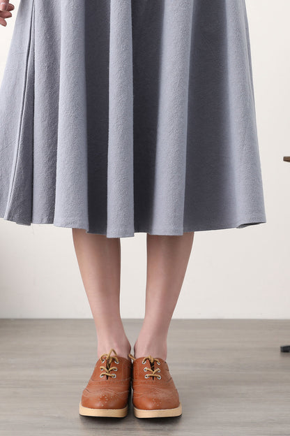 Grey Linen Blend A-Line Midi Skirt - Elastic Waist & Side Pockets 2580