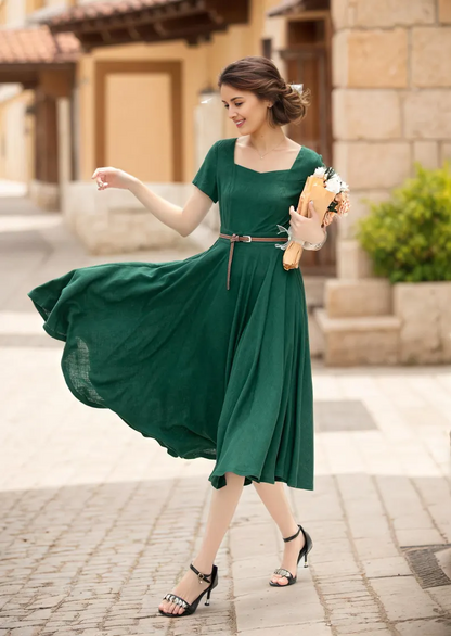 Emerald Green Linen Cotton Midi Dress - A-Line Silhouette 6051