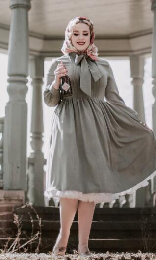 Medieval Style Linen Cotton Dress with Lantern Sleeves in Soft Taupe 2750