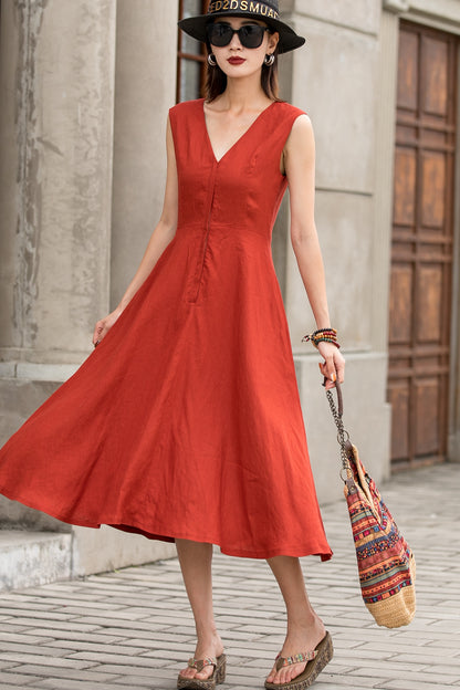 Summer sleeveless midi linen dress women 2763