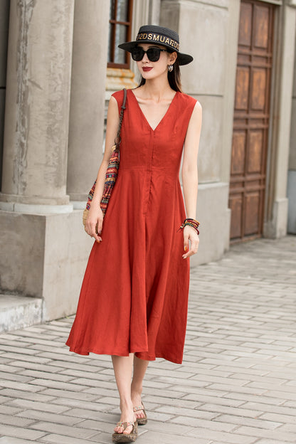 Orange Linen Midi Dress - Sleeveless V-Neck Flowy Silhouette 2763