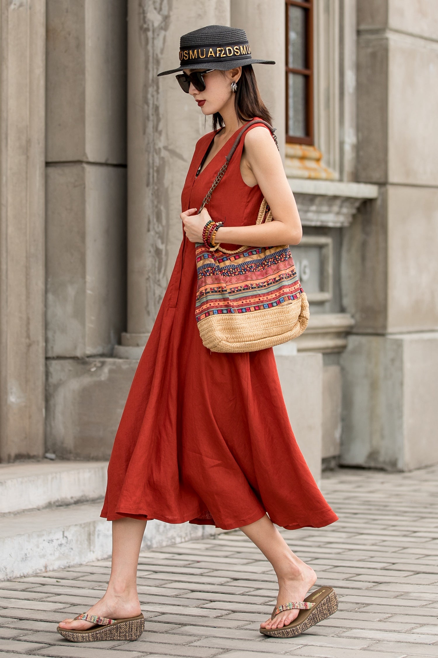 orange linen midi dress ZARA WOMAN SS23 LINEN BLEND MIDI DRESS DARK ORANGE 4786/293