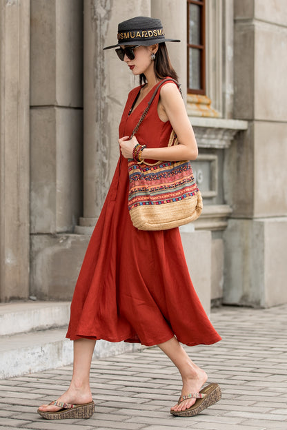 Orange Linen Midi Dress - Sleeveless V-Neck Flowy Silhouette 2763