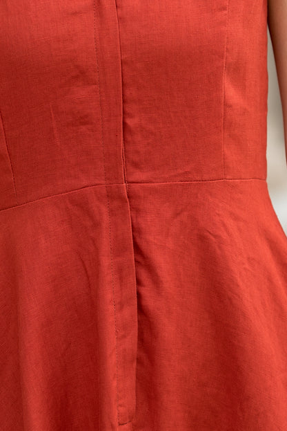 Orange Linen Midi Dress - Sleeveless V-Neck Flowy Silhouette 2763