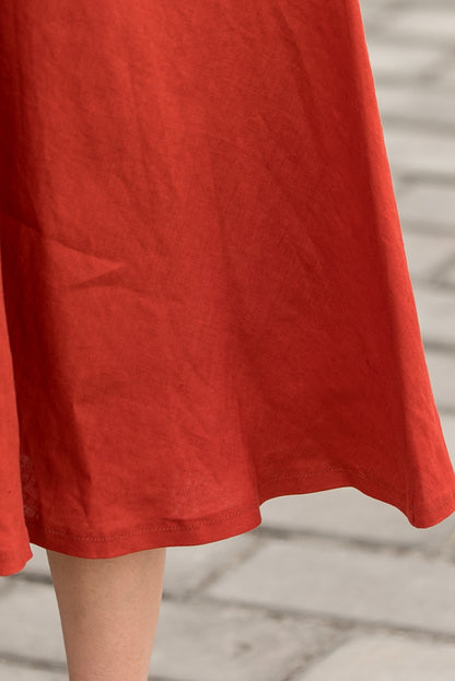 Orange Linen Midi Dress - Sleeveless V-Neck Flowy Silhouette 2763