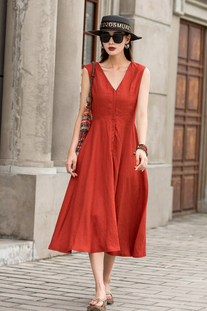 Orange Linen Midi Dress - Sleeveless V-Neck Flowy Silhouette 2763