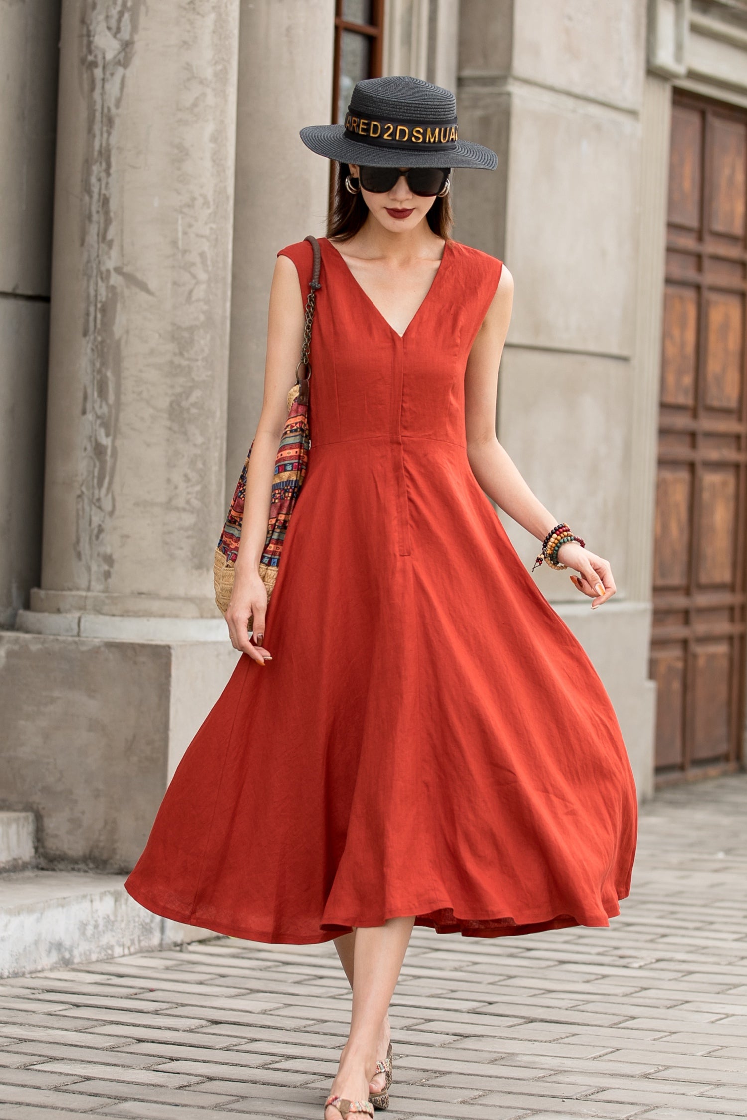 Orange Linen Midi Dress with Sleeveless V-Neck