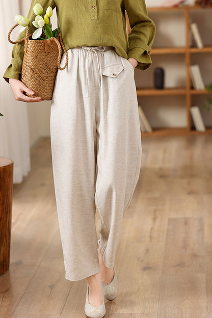 beige loose fitting linen pant 4309
