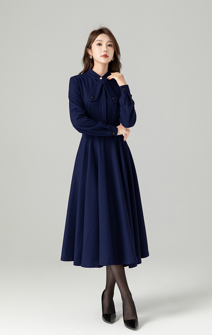 Navy Wool Blend Swing Dress - Bow Tie Neck Long Sleeve | Xiaolizi 6322