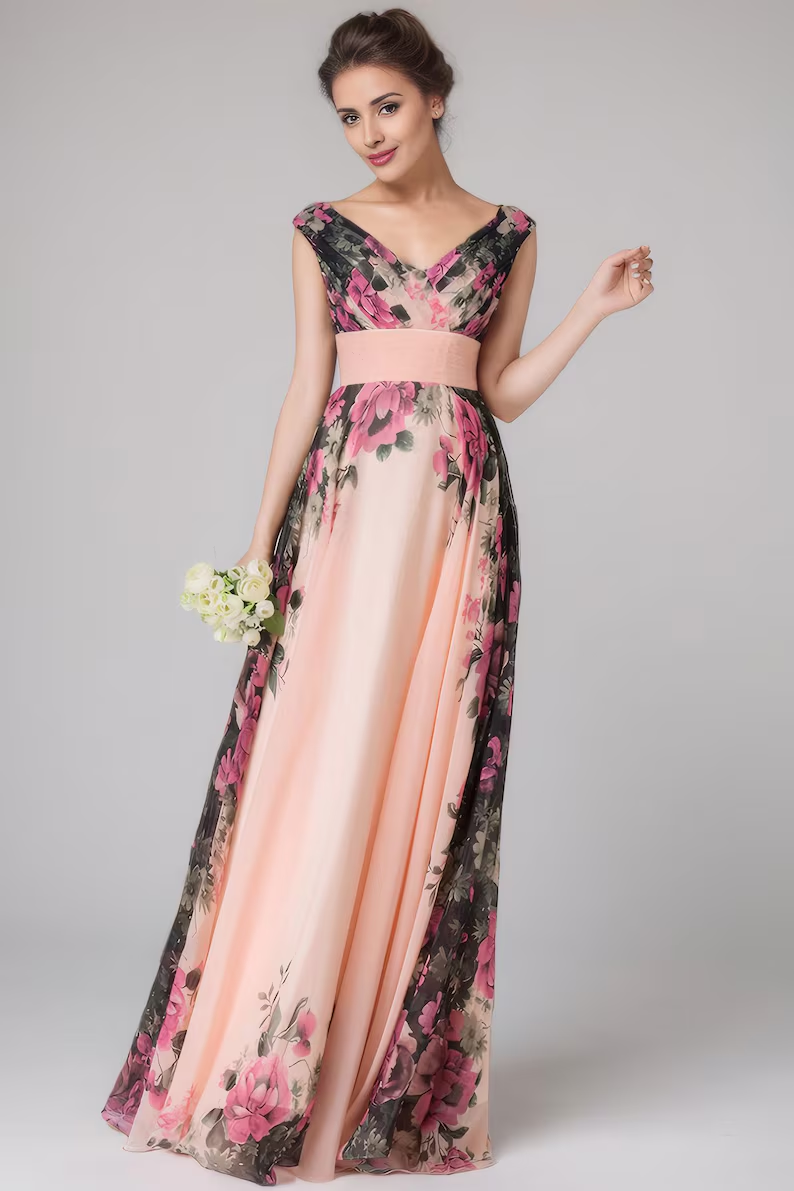 floral printed prom chiffon dress women 1543