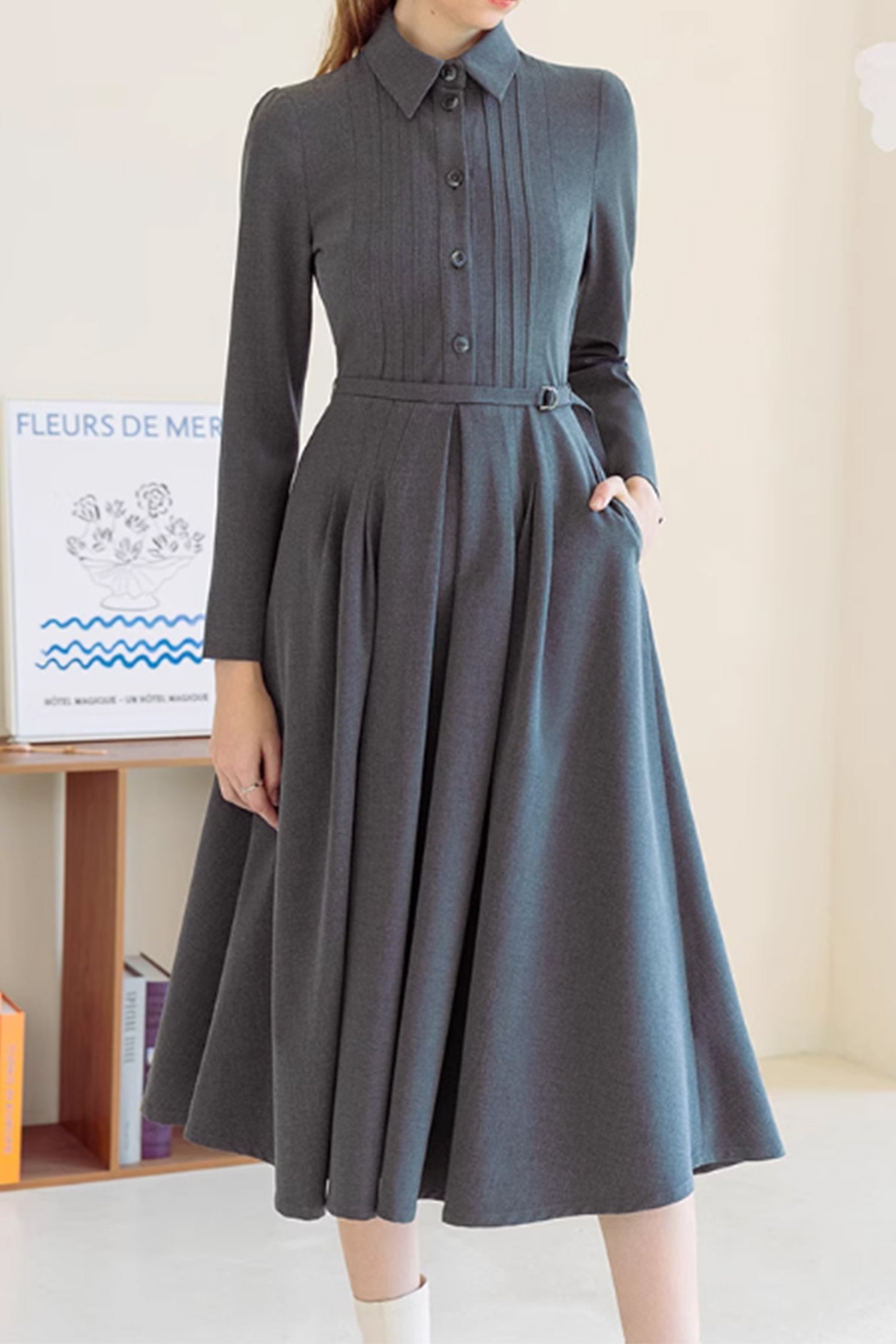 Gray fit and flare shirt dress women 4880 - Gray / XS Gray fit and flare shirt dress women 4880 - Gray / XS