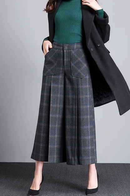 Plaid Wool Wide Leg Pants - Loose Fit, Midi Length 4659-2