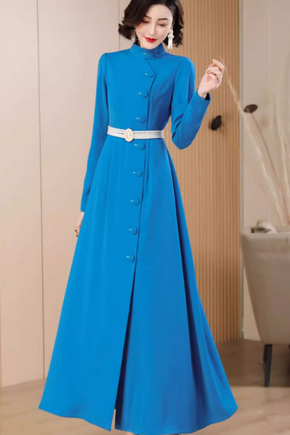 Blue Polyester Maxi Dress - Stand Up Neckline, Fit and Flare 4787