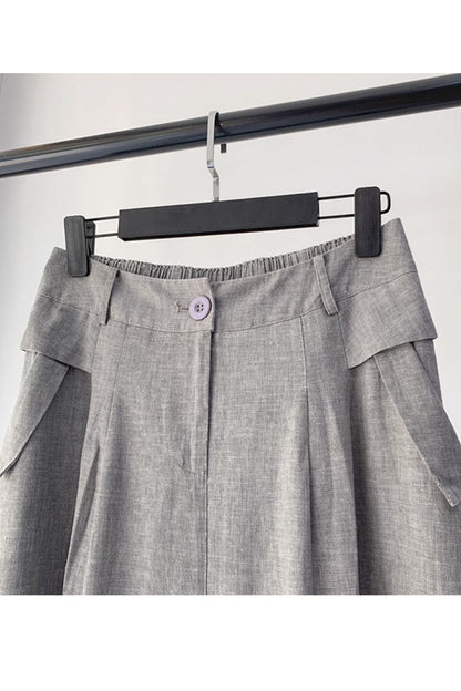 Gray Linen Midi Skirt - Elegant Back Elastic Waist with Pockets 4359