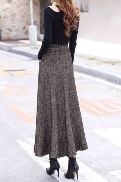 Plaid Wool Midi Skirt - A-Line with Pockets and Back Elastic Waist 4648