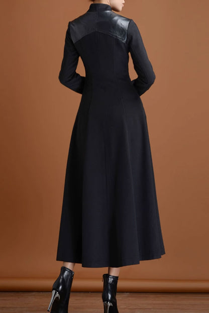 Black Wool Long Coat - Patchwork Detail, Flared Silhouette 4717