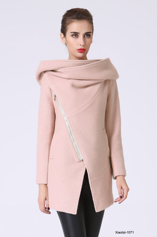 Pink Asymmetrical Wool Coat for Women – Oversized Hood Winter Jacket 1071