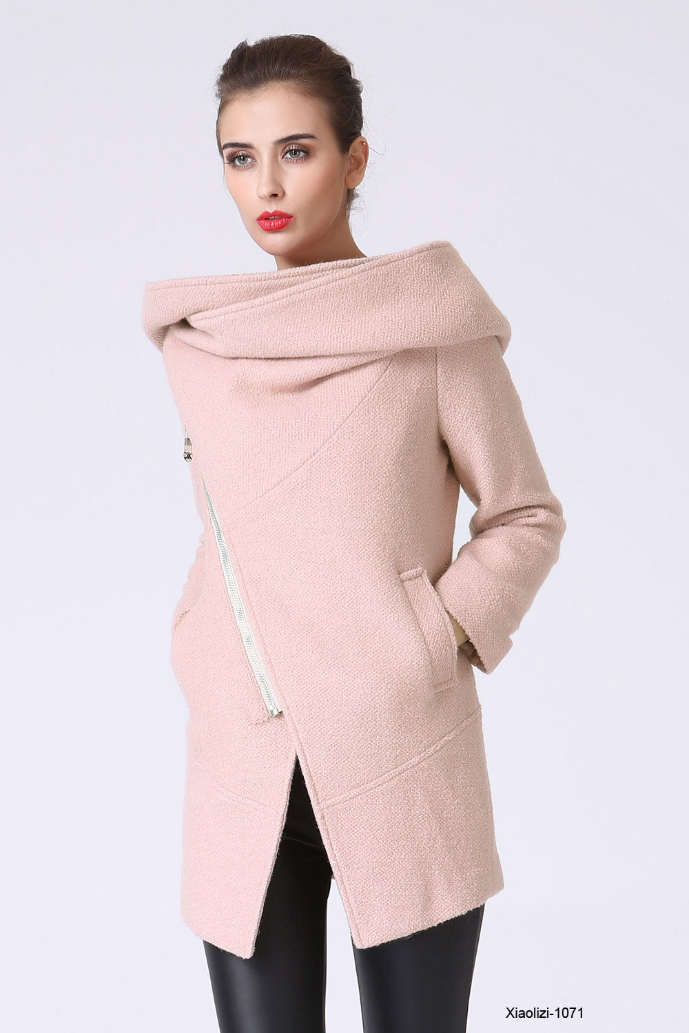 Pink Asymmetrical Wool Coat for Women – Oversized Hood Winter Jacket 1071