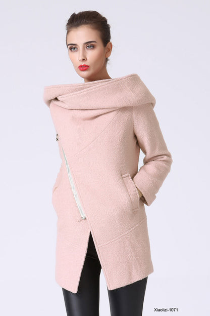 Pink Asymmetrical Wool Coat for Women – Oversized Hood Winter Jacket 1071
