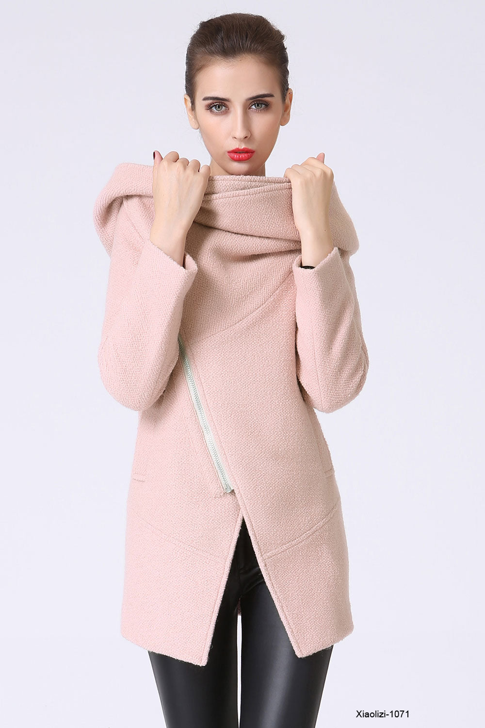 Pink Asymmetrical Wool Coat for Women – Oversized Hood Winter Jacket 1071
