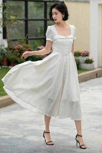 White Linen Midi Swing Dress - Square Neckline with Puff Sleeves 5980