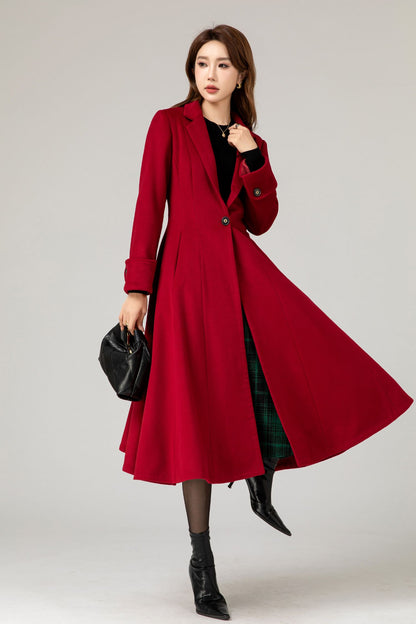 Red Wool Princess Coat - Fitted Waist, Flared Silhouette 5480