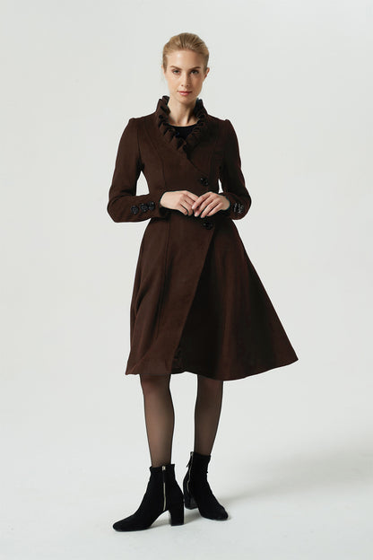 Brown Wool Coat - Asymmetrical Ruffle Collar Knee-Length 6311