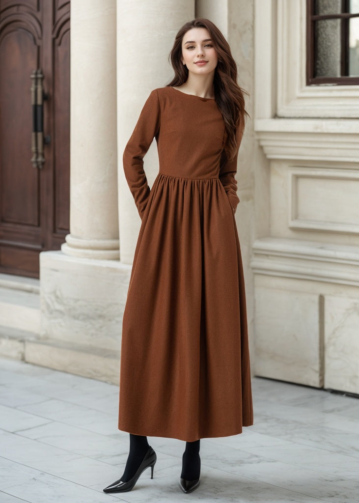 Handmade Wool Maxi Dress – Vintage Fit & Flare Winter