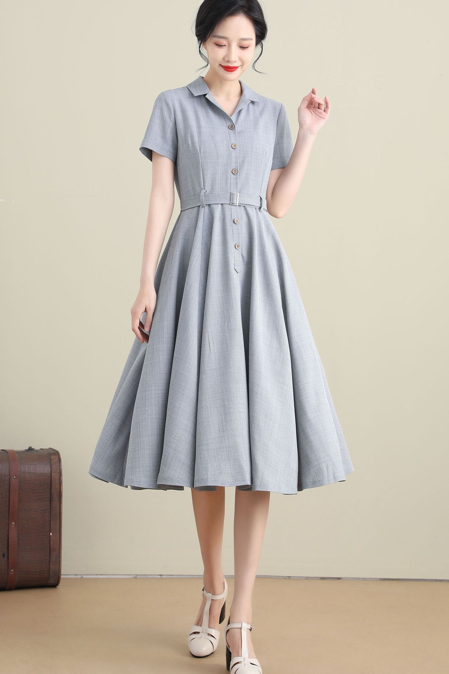 Short Sleeve cotton linen summer Dress 3272