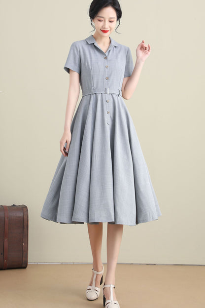 Handmade Cotton Linen Shirt Dress – Short Sleeve Summer Midi with Pockets | Xiaolizi 3272