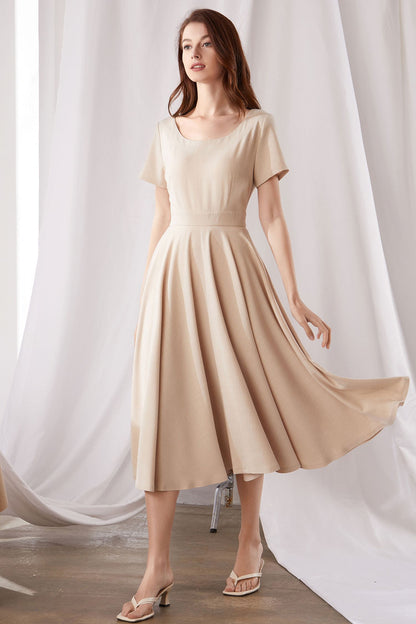 Beige Linen Dress - Fit and Flare Midi with Scoop Neckline 3374