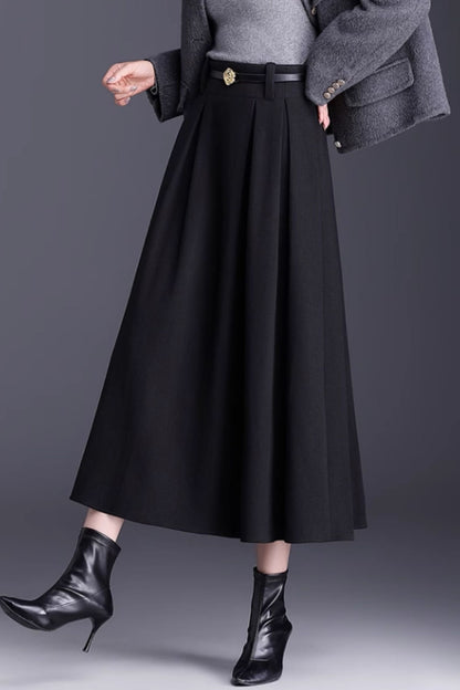 Brown Wool A-Line Midi Skirt - Pleated Elegant Silhouette 6137
