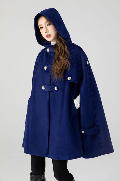 Handmade Blue Wool Cape Coat – Hooded Double-Breasted Winter Overcoat | Xiaolizi 4601