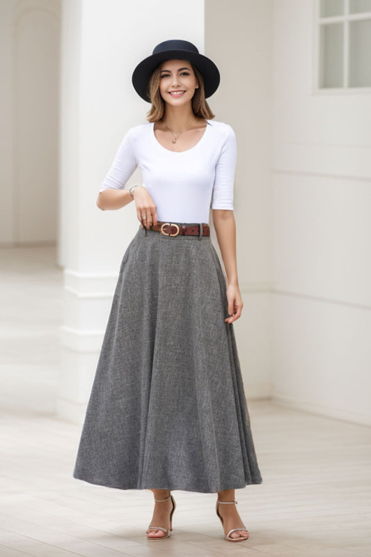 Gray A line High waist Linen Maxi Skirt with Pockets  2782