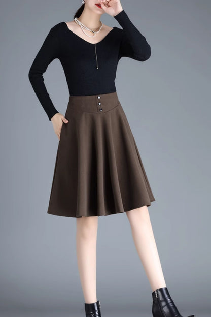 Brown Wool A-Line Skirt - High Waist Winter Style 6135
