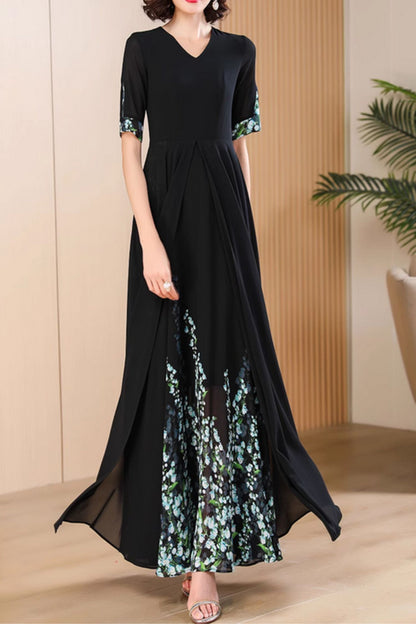 Black Chiffon Maxi Dress - Patchwork Detail with V-Neck 5012