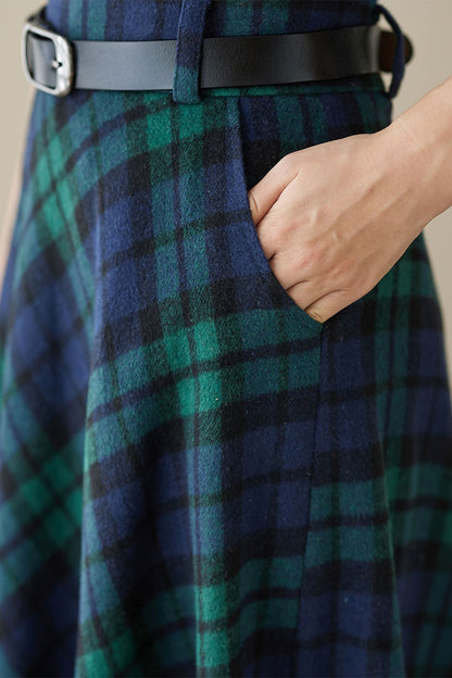 Handmade Navy Plaid Wool Maxi Skirt – Long Winter Swing Skirt | Xiaolizi 4619