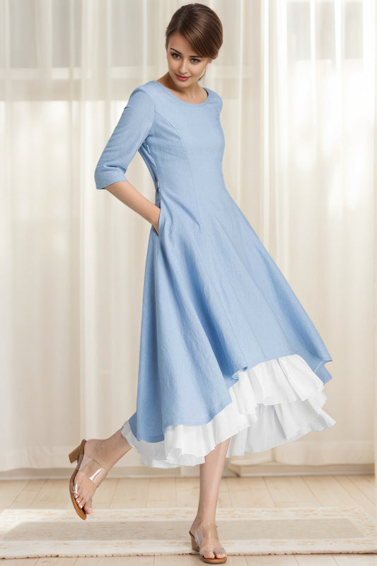 Blue Linen High-Low Swing Dress – Vintage Chiffon Ruffle Hem Midi 6628