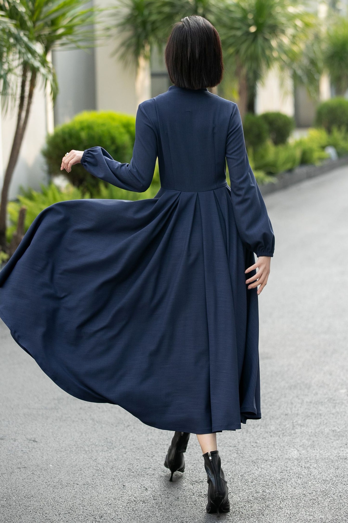Handmade Navy Blue Button-Front Midi Dress – Vintage Long Sleeve Swing Dress 6659 -Size XS #CK2600029